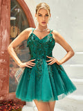 A-Line Dark Green Giltter Embroidery Tulle Short Homecoming Dress