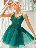 A-Line Dark Green Giltter Embroidery Tulle Short Homecoming Dress