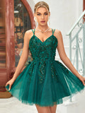 A-Line Dark Green Giltter Embroidery Tulle Short Homecoming Dress