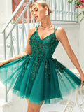 A-Line Dark Green Giltter Embroidery Tulle Short Homecoming Dress