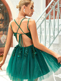 A-Line Dark Green Giltter Embroidery Tulle Short Homecoming Dress