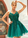 A-Line Dark Green Giltter Embroidery Tulle Short Homecoming Dress