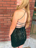 Sparkly Dark Green Sequined Tight Short Homecoming Dress with Slit