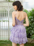 Purple A-Line V Neck Tiered Homecoming Dress