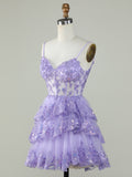 Purple A-Line V Neck Tiered Homecoming Dress