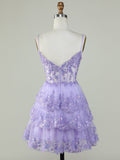 Purple A-Line V Neck Tiered Homecoming Dress