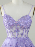 Purple A-Line V Neck Tiered Homecoming Dress