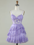 Purple A-Line V Neck Tiered Homecoming Dress