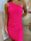 Sparkly Fuchsia Sequins  One Shoulder Short Homecoming Party Dress