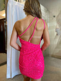 Sparkly Fuchsia Sequins  One Shoulder Short Homecoming Party Dress