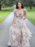 A Line Floral White Long Prom Dress