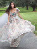 A Line Floral White Long Prom Dress