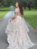 A Line Floral White Long Prom Dress