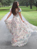 A Line Floral White Long Prom Dress