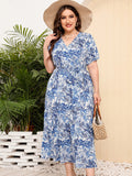 Flowy Plus Size V Neck Blue Long Summer Vacation Dress