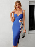 Blue V Neck Cutout Tight Midi Dress With Slit