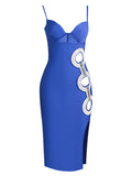 Blue V Neck Cutout Tight Midi Dress With Slit