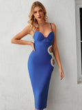 Blue V Neck Cutout Tight Midi Dress With Slit