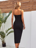 Black V Neck Bodycon Midi Party Dress