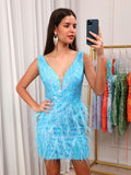 Sparkly Blue V-Neck Tight Short Homecoming Dress with Feathers