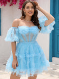 A-Line Blue V Neck Ruffles Short Homecoming Dress