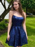 Sequins A Line Halter Blue Short Homecoming Dress