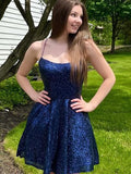 Sequins A Line Halter Blue Short Homecoming Dress