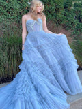 Blue A-Line Strapless Tiered Long Prom Dress