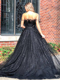 A Line Sequins Strapless Black Long Prom Dress