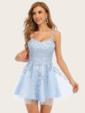 A-Line Lilac V Neck Spaghetti Straps Short Party Homecoming Dress With Appliques