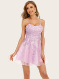 A-Line Lilac V Neck Spaghetti Straps Short Party Homecoming Dress With Appliques