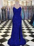 Royal Blue Sparkly Mermaid Long Prom Dress With Slit