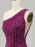 Sparkly Mermaid Purple One Shoulder Long Prom Dress with Slit