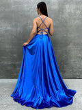 Royal Blue Satin A Line Tight Long Prom Dress With Slit