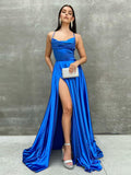 Royal Blue Satin A Line Tight Long Prom Dress With Slit