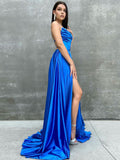 Royal Blue Satin A Line Tight Long Prom Dress With Slit