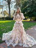 A Line Floral Two Pieces Set Tulle Long Prom Dress