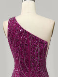 Sparkly Mermaid Purple One Shoulder Long Prom Dress with Slit