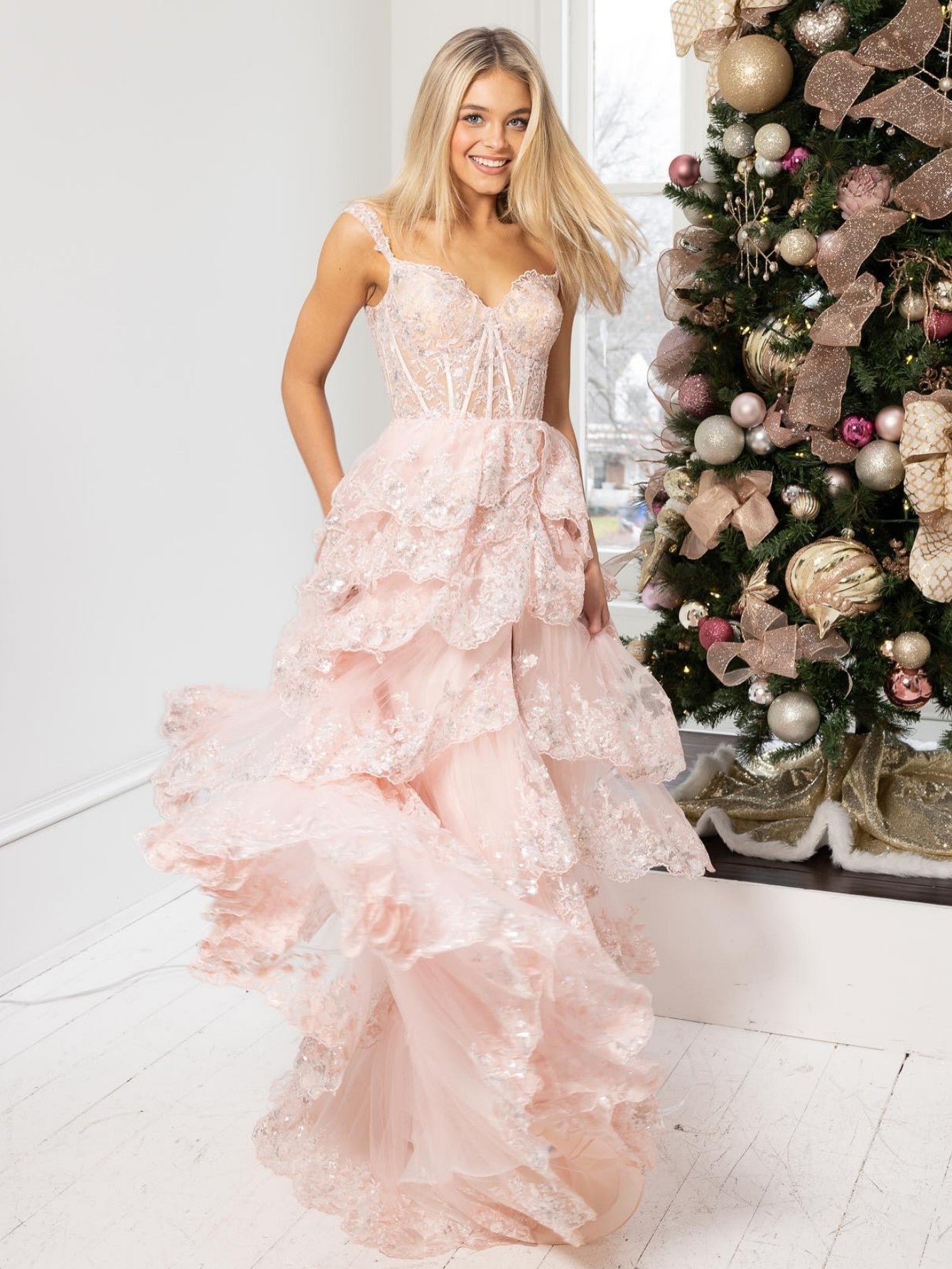 OZAKKE Ruffle Light Pink V Neck Tulle Tiered A-Line Puffy Cute Long Prom  Dress – Ozakke