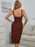 Burgundy V Neck Midi Bandage Dress