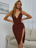 Burgundy V Neck Midi Bandage Dress