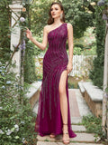 Sparkly Mermaid Purple One Shoulder Long Prom Dress with Slit