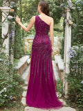 Sparkly Mermaid Purple One Shoulder Long Prom Dress with Slit