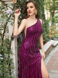 Sparkly Mermaid Purple One Shoulder Long Prom Dress with Slit