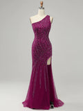 Sparkly Mermaid Purple One Shoulder Long Prom Dress with Slit