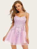 A-Line Lilac V Neck Spaghetti Straps Short Party Homecoming Dress With Appliques