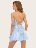 A-Line Blue V Neck Spaghetti Straps Short Party Homecoming Dress With Appliques