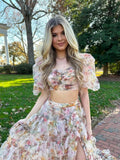 A Line Floral Two Pieces Set Tulle Long Prom Dress