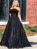 A Line Sequins Strapless Black Long Prom Dress